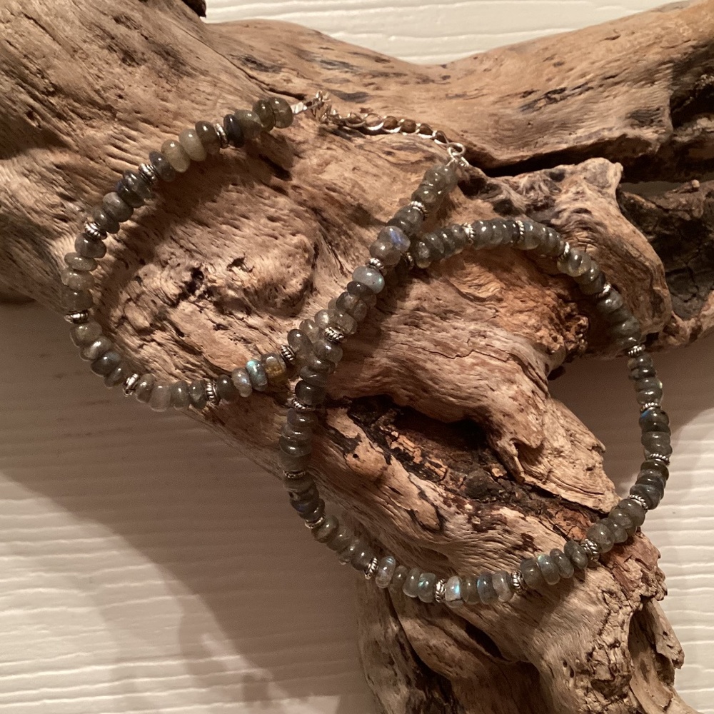 Labradorite Bead Silver Necklace 17” + 2”